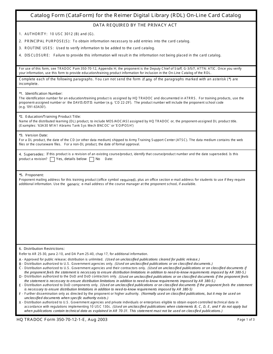 HQ TRADOC Form 350-70-12-1-E Catalog Form (Cataform) for the Reimer Digital Library (Rdl) on-Line Card Catalog, Page 1