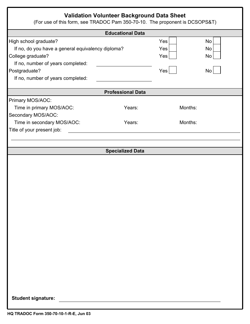 HQ TRADOC Form 350-70-10-1-R-E Validation Volunteer Background Data Sheet, Page 1