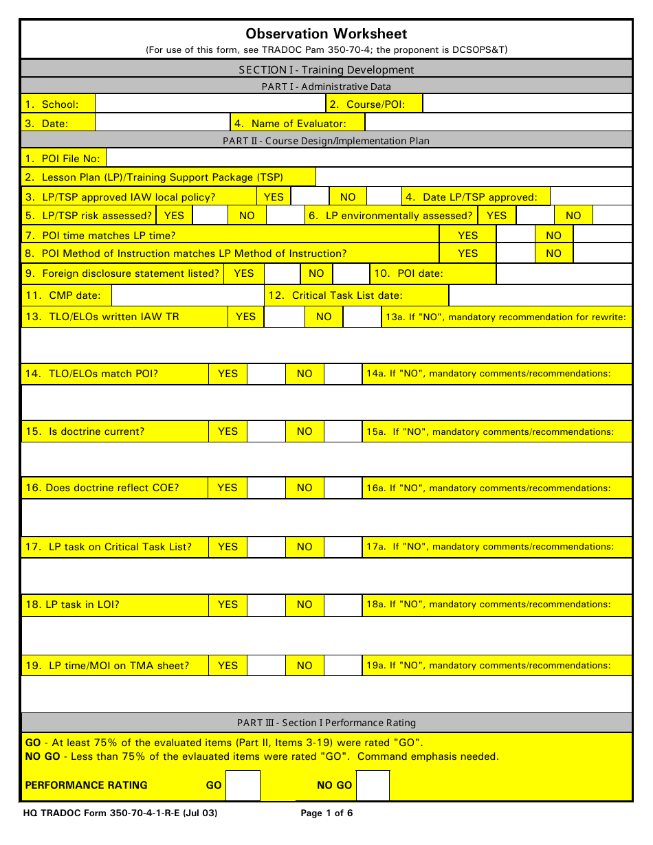 TRADOC Form 350-70-4-1-R-E Observation Worksheet, Page 1