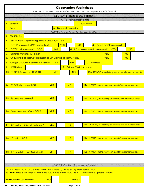 TRADOC Form 350-70-4-1-R-E Observation Worksheet