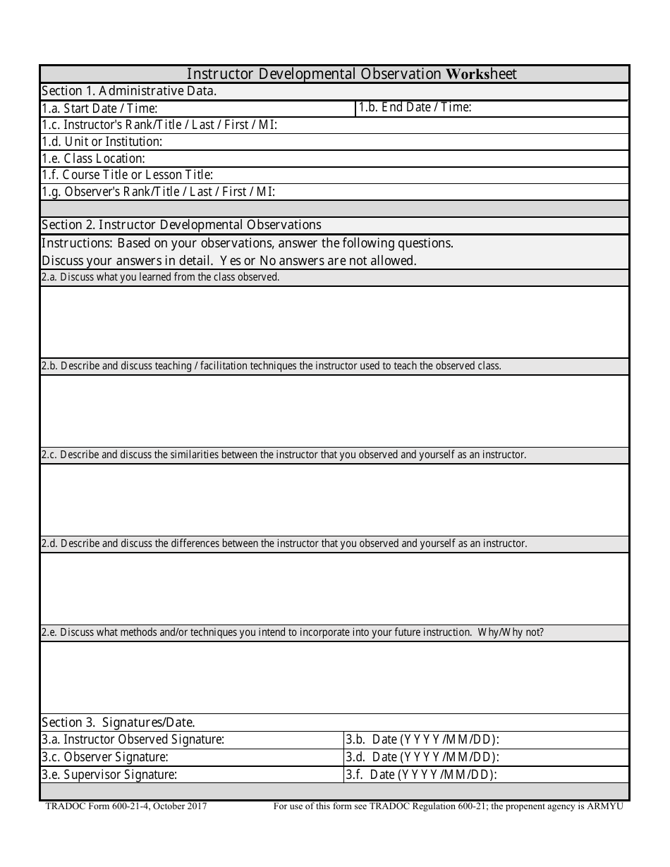 TRADOC Form 600-21-4 Instructor Developmental Observation Worksheet, Page 1