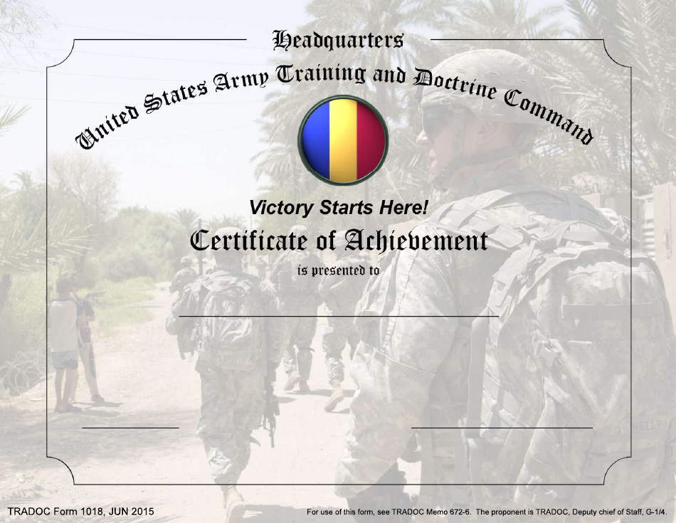 TRADOC Form 1018 Certificate of Achievement, Page 1