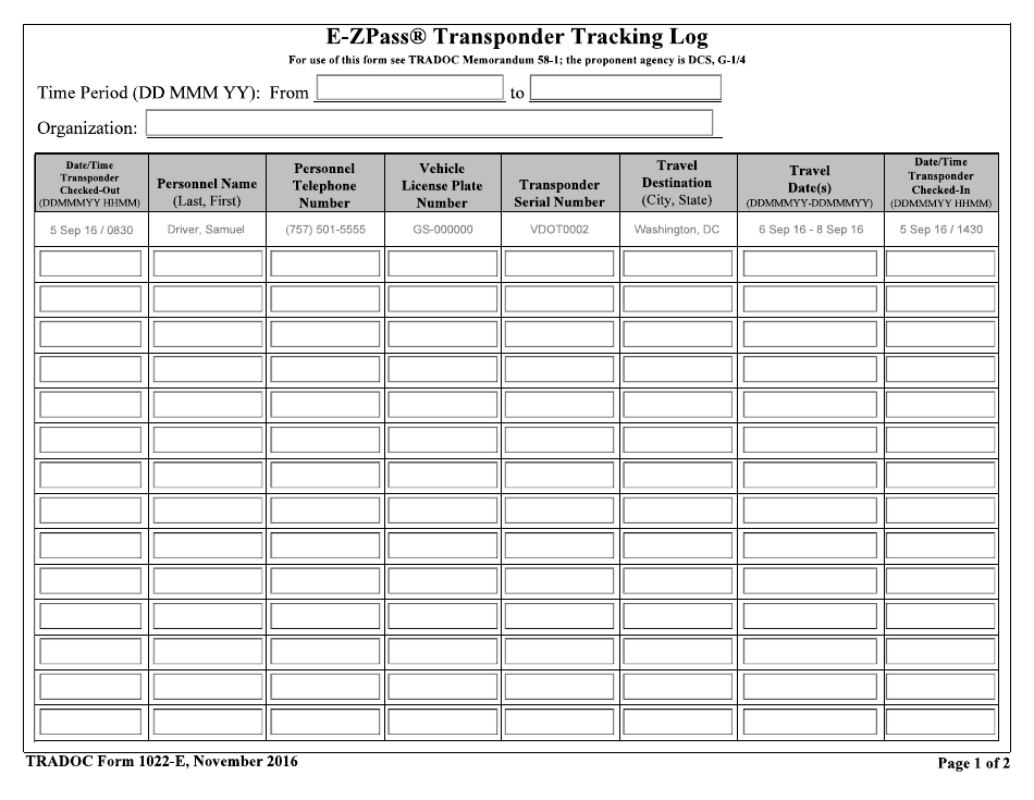TRADOC Form 1022-E E-Zpass Transponder Tracking Log, Page 1