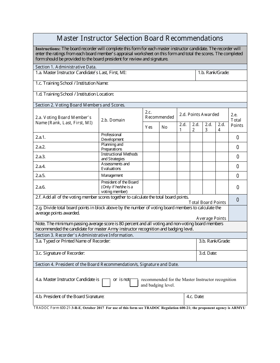 TRADOC Form 600-21-3-R-E Master Instructor Selection Board Recommendations, Page 1