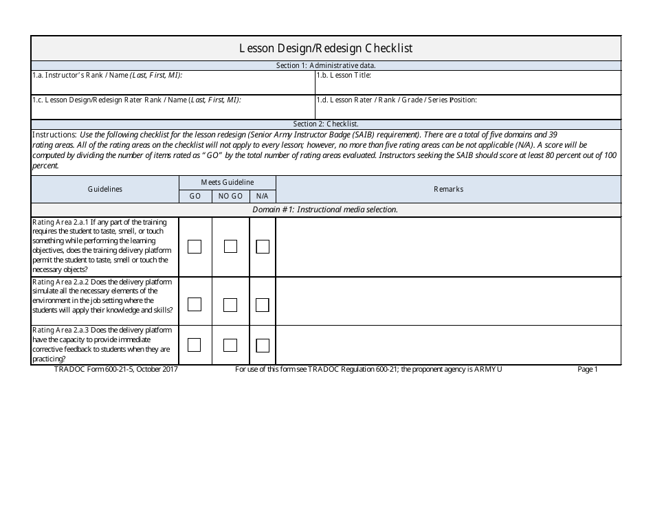 TRADOC Form 600-21-5 Lesson Design / Redesign Checklist, Page 1