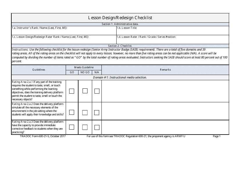 TRADOC Form 600-21-5 Lesson Design/Redesign Checklist