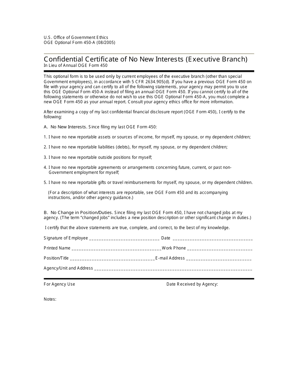 OGE Form 450-A Confidential Certificate of No New Interests (Executive Branch), Page 1