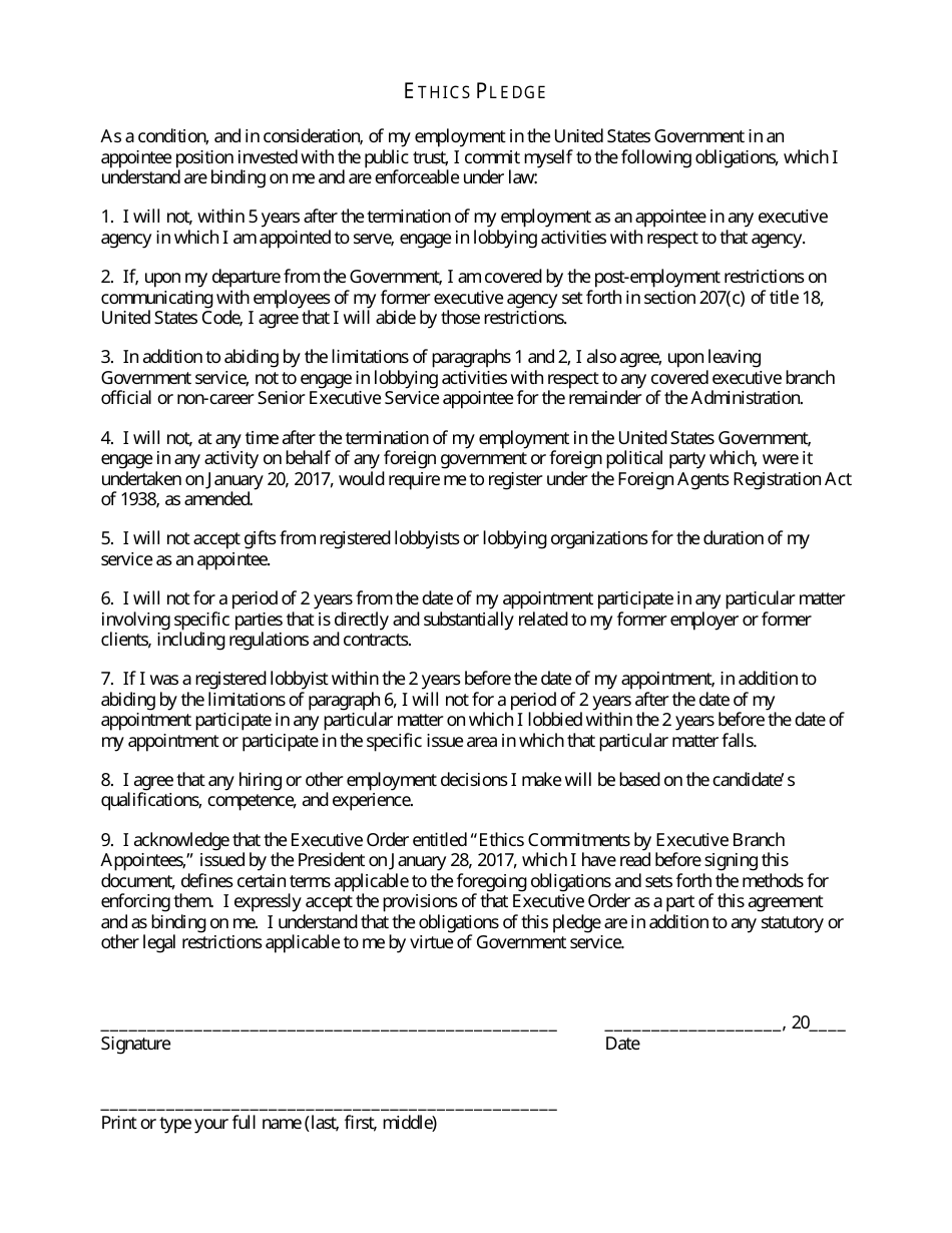 Ethics Pledge Format (Executive Order 13770), Page 1