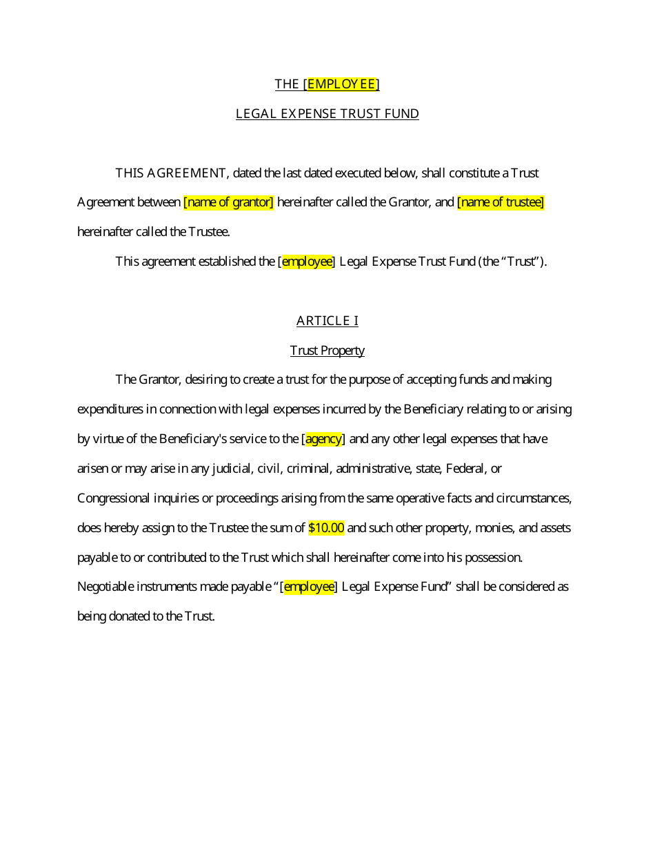 Legal Expense Trust Fund Agreement Template, Page 1