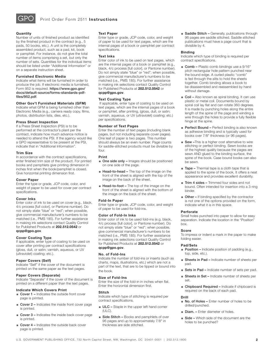 Instructions for GPO Form 2511 Print Order Form for Term Contracts, Page 2