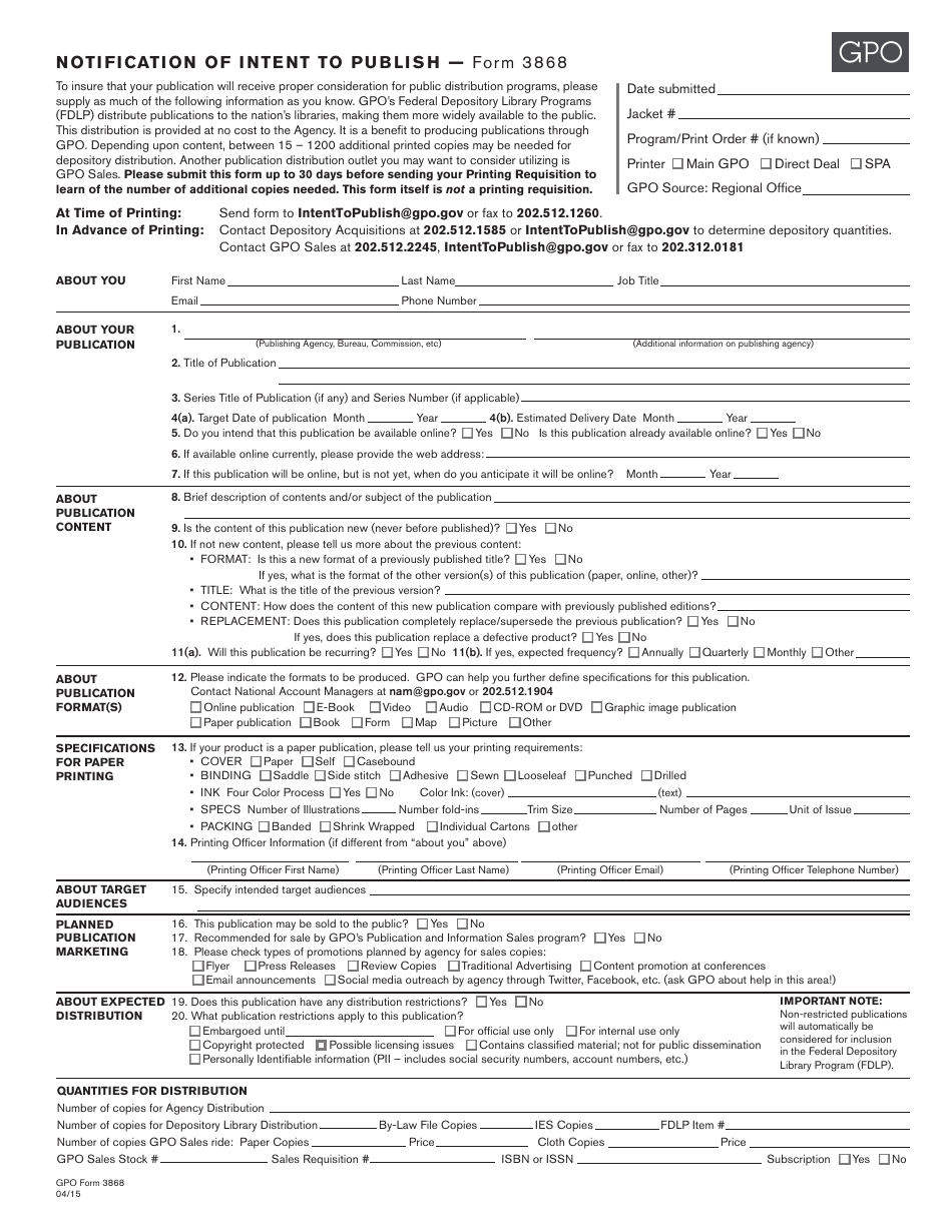 GPO Form 3868 Download Fillable PDF or Fill Online Notification of Intent  to Publish | Templateroller