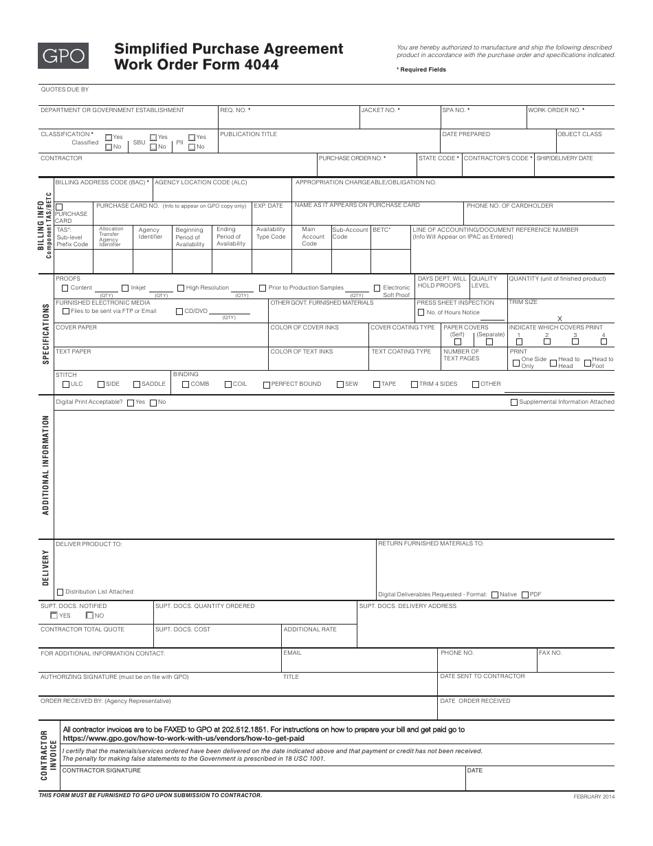 GPO Form 4044 Simplified Purchase Agreement (SPA) Work Order, Page 1