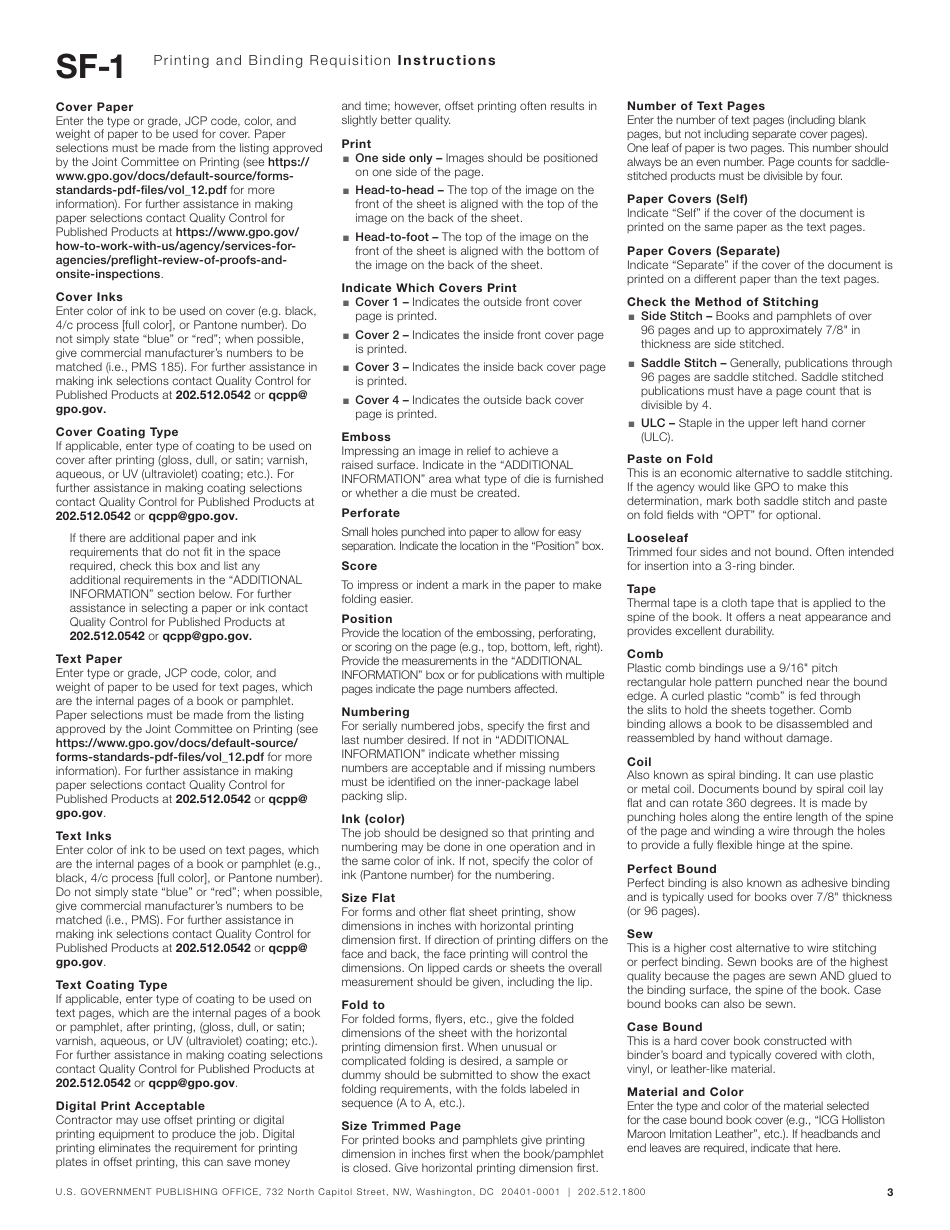 Instructions for GPO Form SF-1 Printing and Binding Requisition to the Public Printer of the United States, Page 3