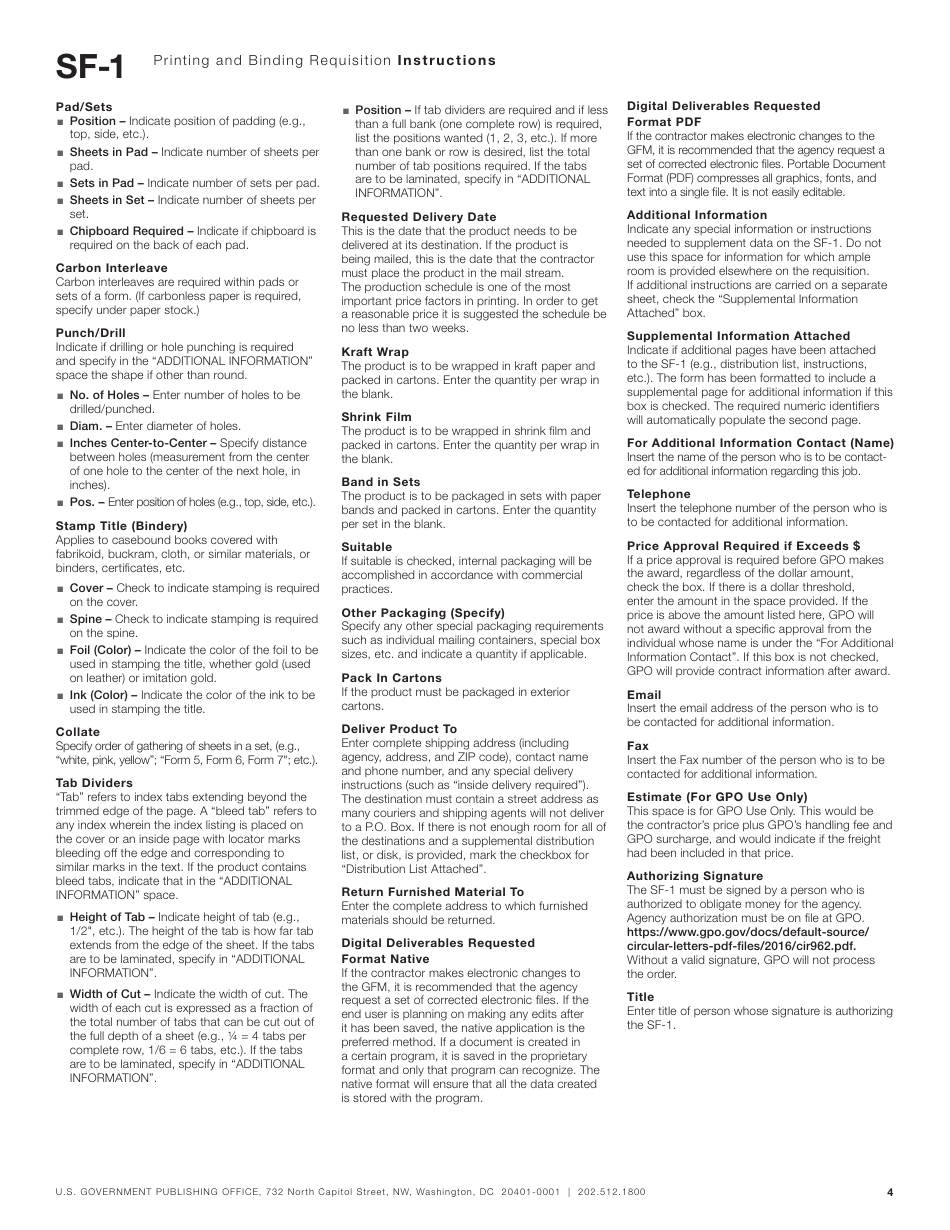 Instructions for GPO Form SF-1 Printing and Binding Requisition to the Public Printer of the United States, Page 4