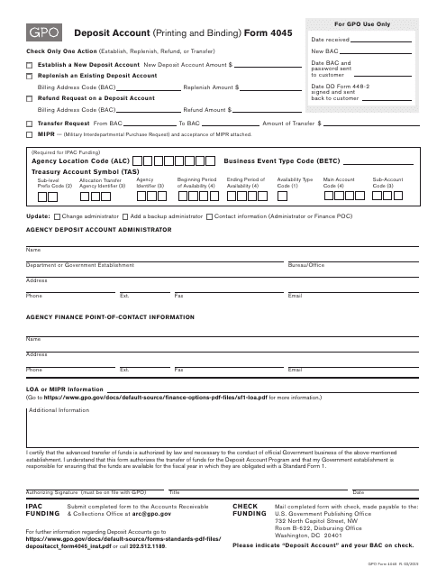 GPO Form 4045 Deposit Account (Printing and Binding)