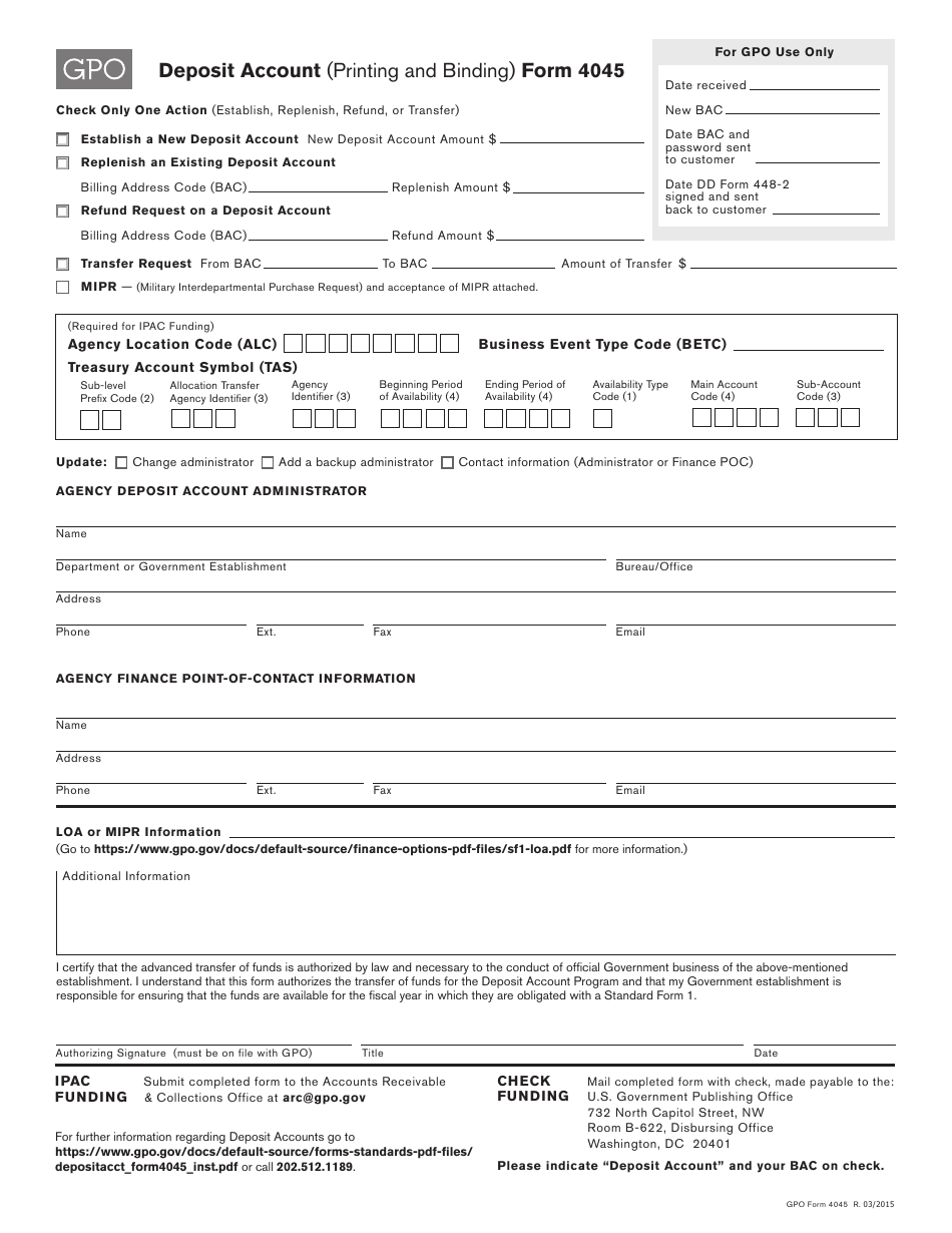 GPO Form 4045 Deposit Account (Printing and Binding), Page 1