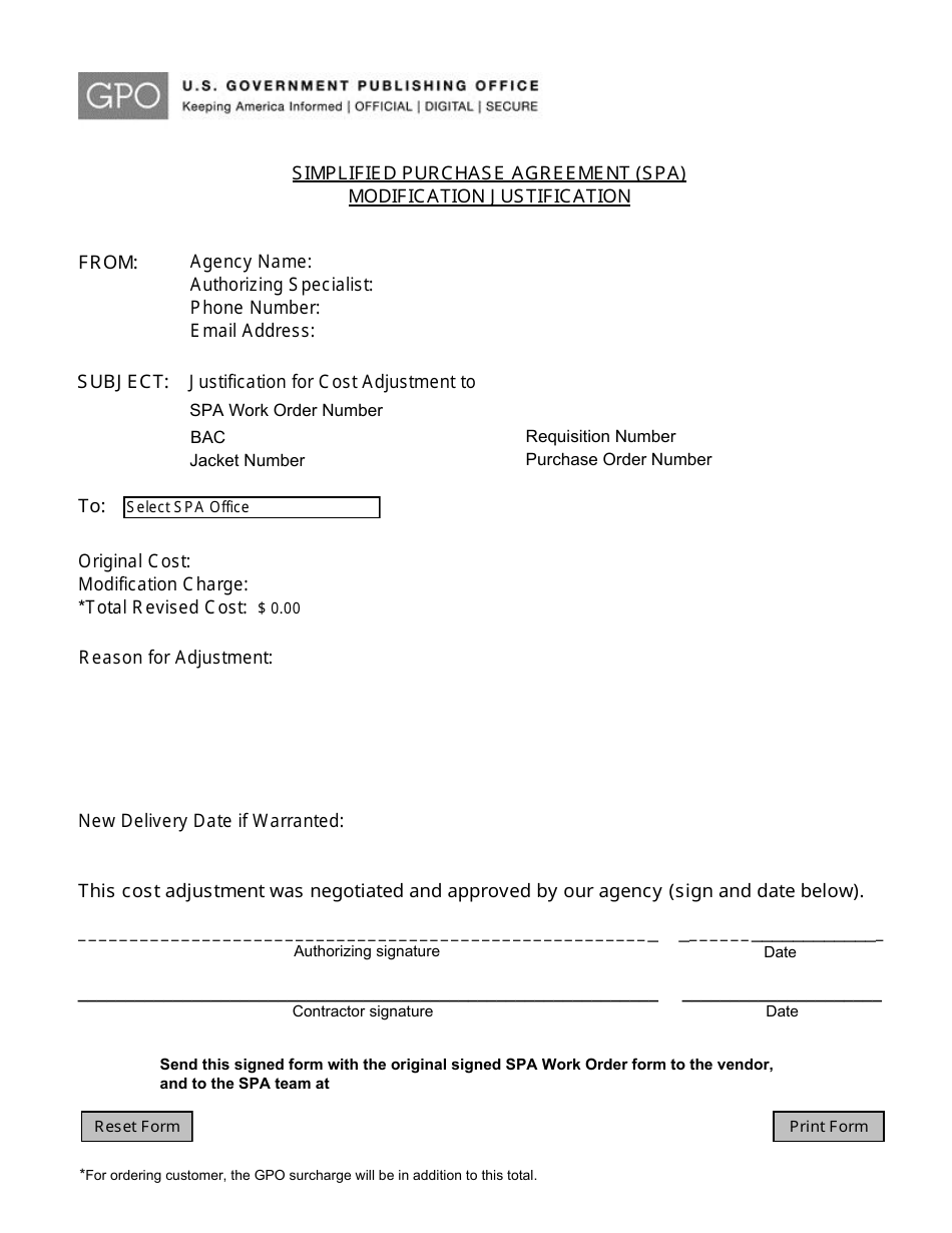 Simplified Purchase Agreement (SPA) Modification Justification Form, Page 1