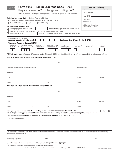 GPO Form 4046 Billing Address Code (Bac) Request