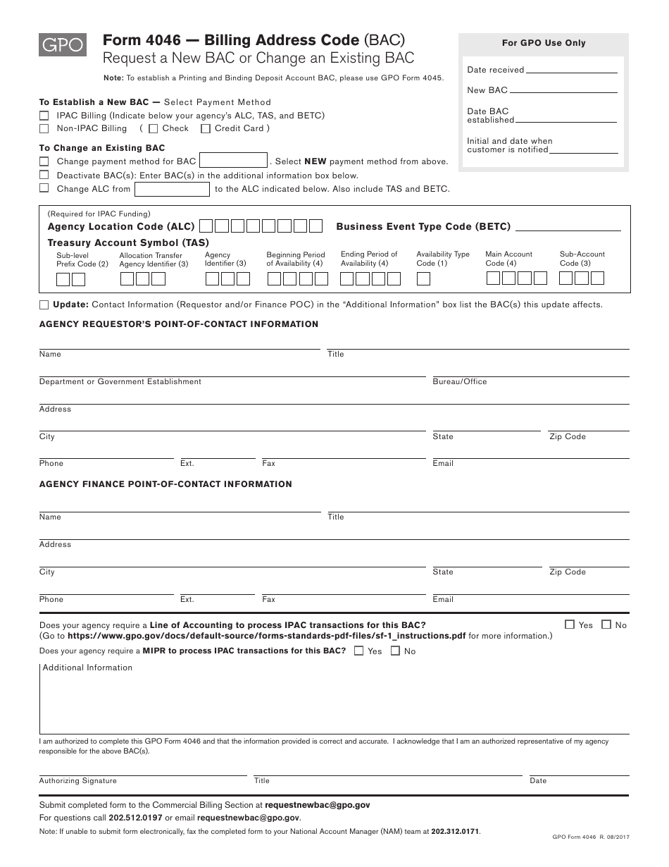GPO Form 4046 Billing Address Code (Bac) Request, Page 1
