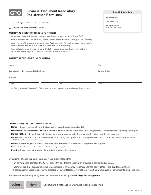 GPO Form 4047 Financial Document Repository Registration Form