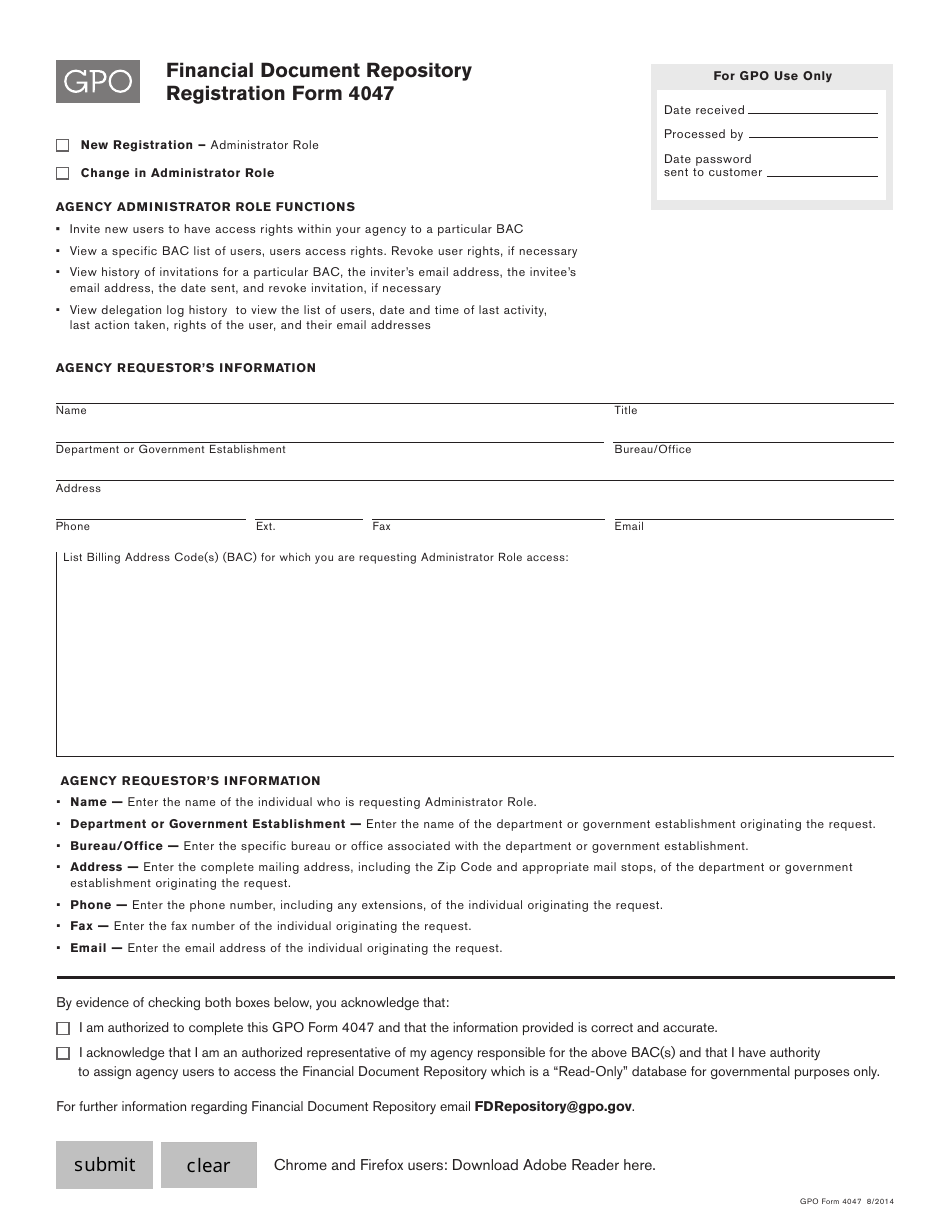 GPO Form 4047 Financial Document Repository Registration Form, Page 1