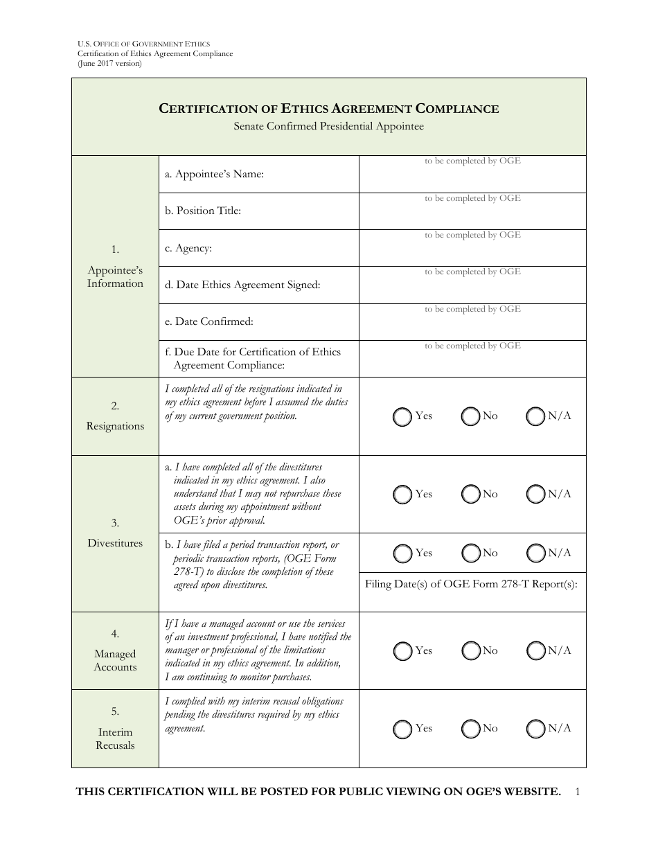 Certification of Ethics Agreement Compliance, Page 1
