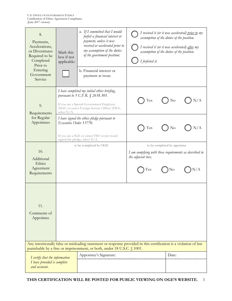 Certification of Ethics Agreement Compliance, Page 3
