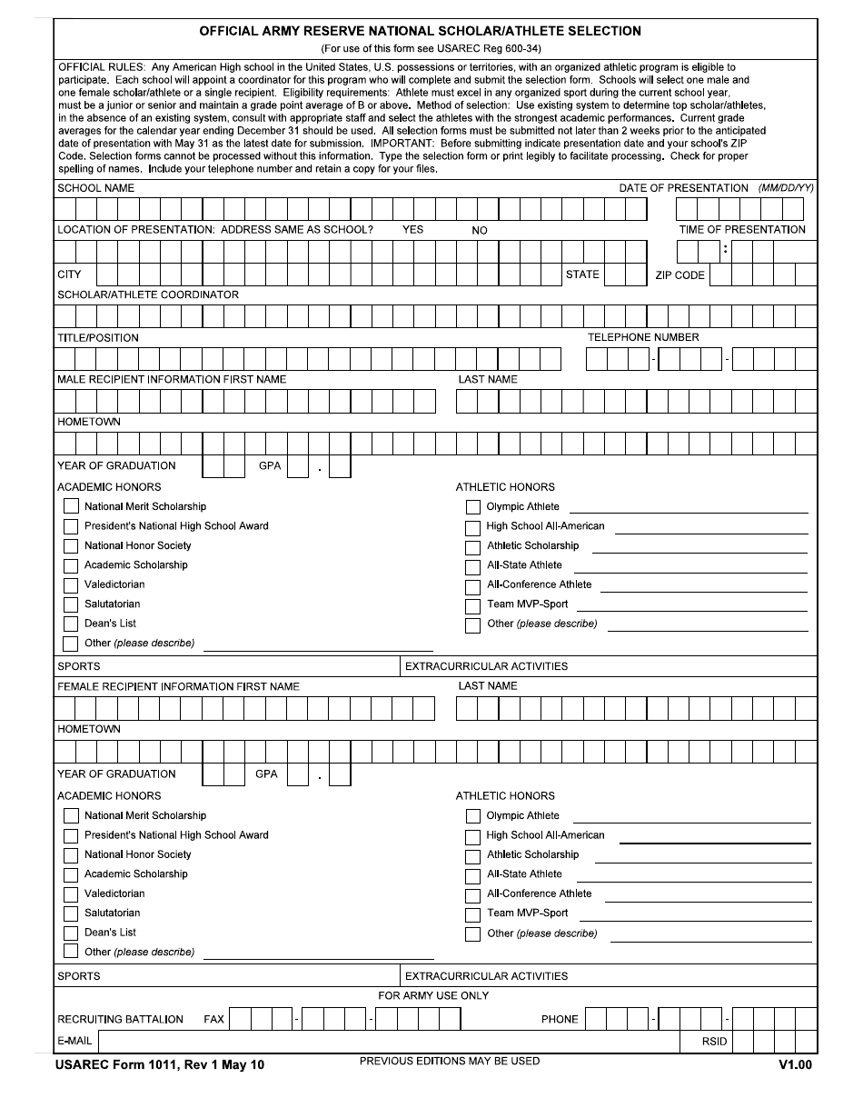 USAREC Form 1011 Official Army Reserve National Scholar / Athlete Selection, Page 1