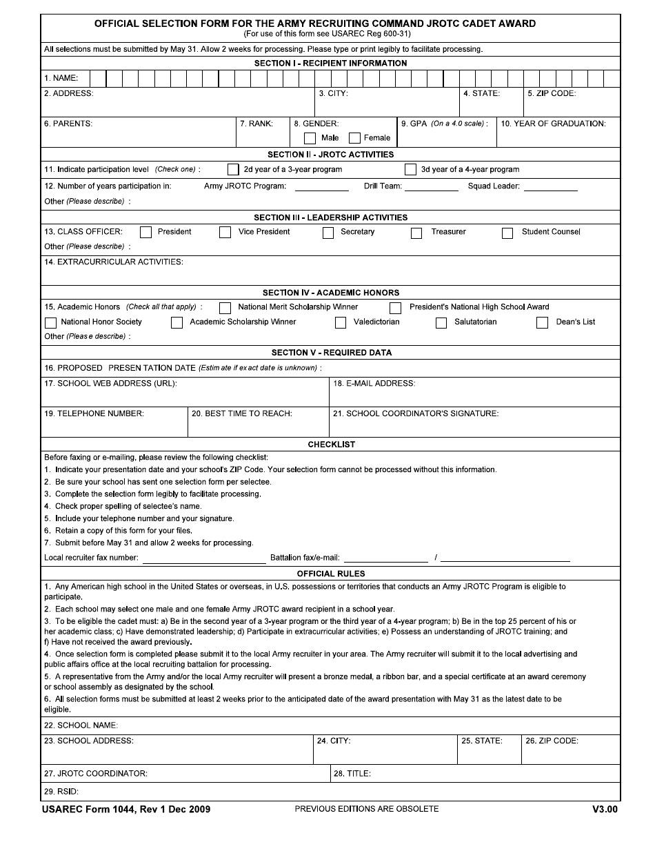 USAREC Form 1044 Official Selection Form for the Army Recruiting Command JROTC Cadet Award, Page 1