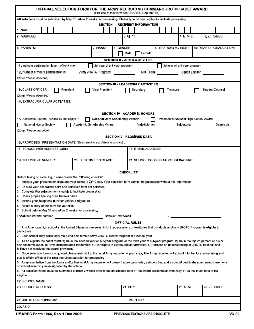 USAREC Form 1044 Official Selection Form for the Army Recruiting Command JROTC Cadet Award