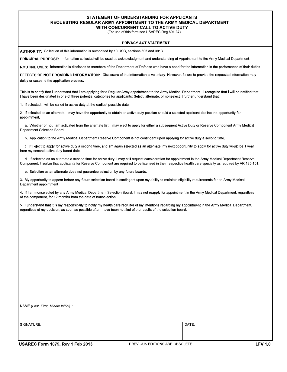 USAREC Form 1075 - Fill Out, Sign Online and Download Fillable PDF ...