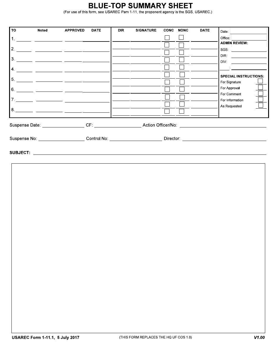 USAREC Form 1-11.1 Blue-Top Summary Sheet, Page 1