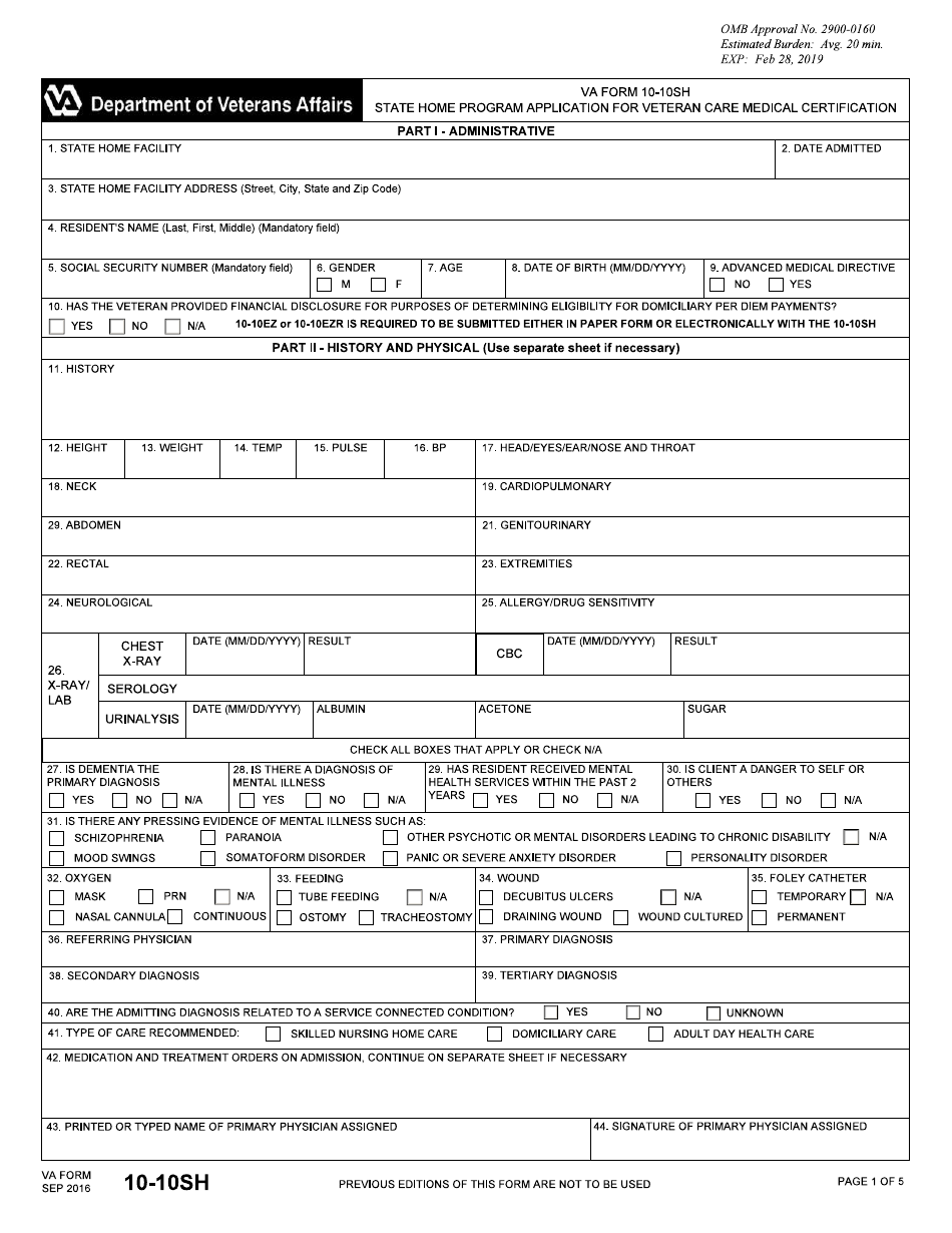 VA Form 10-10SH State Home Program Application for Veteran Care Medical Certification, Page 1