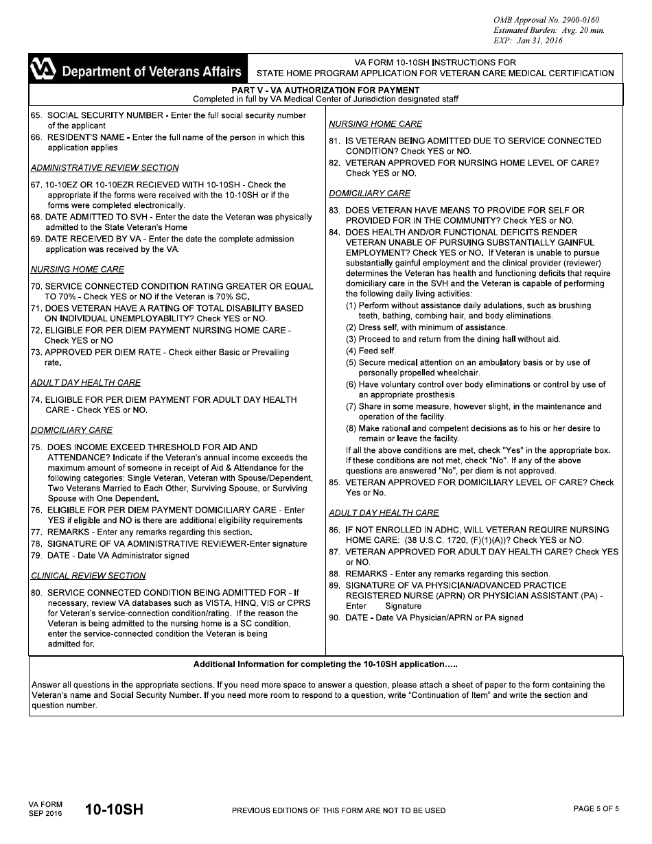 VA Form 10-10SH State Home Program Application for Veteran Care Medical Certification, Page 5
