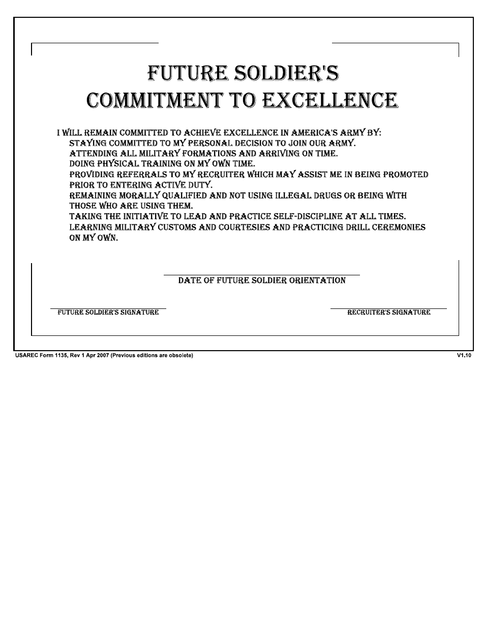 USAREC Form 1135 Future Soldiers Commitment to Excellence, Page 1