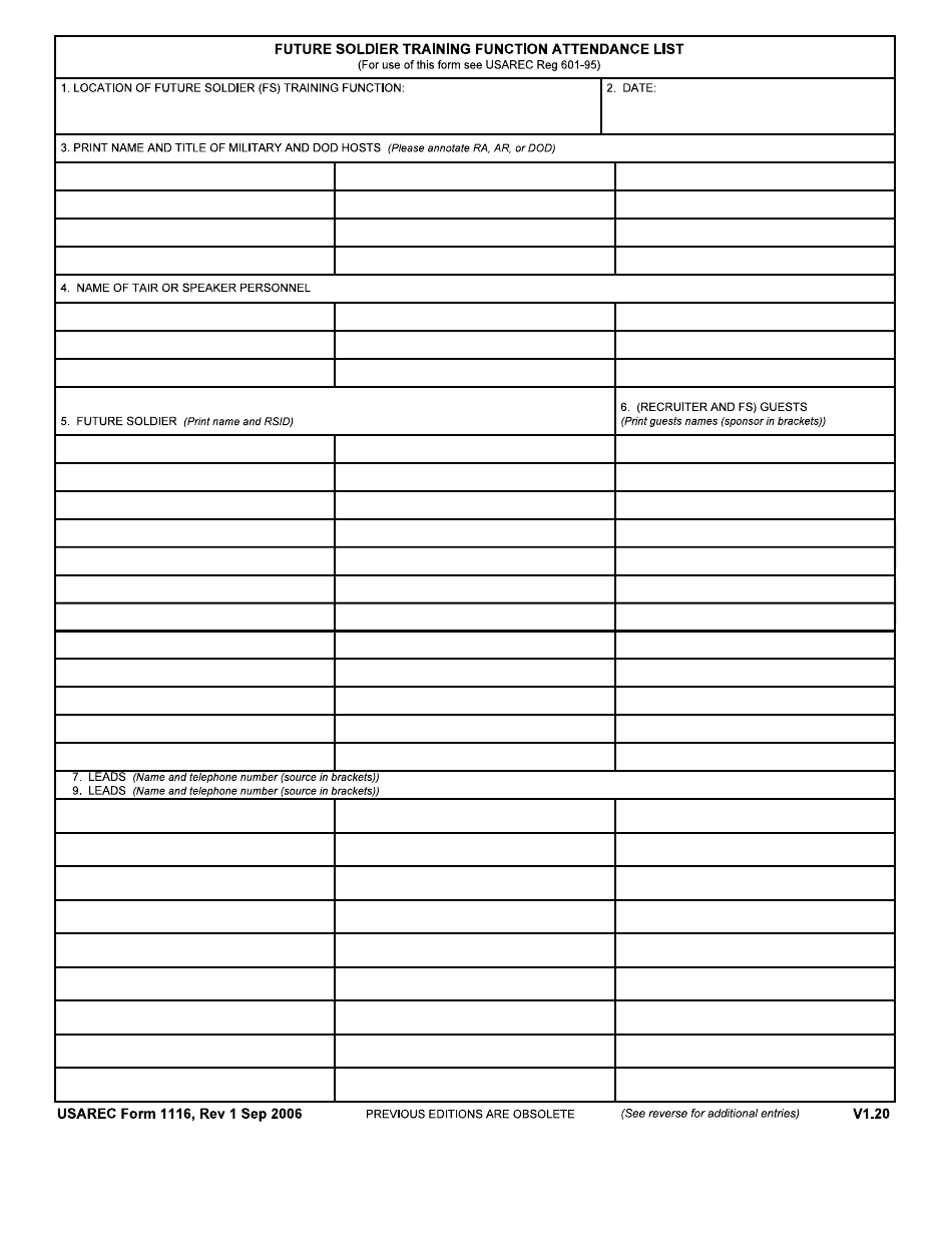 USAREC Form 1116 Future Soldier Training Function Attendance List, Page 1