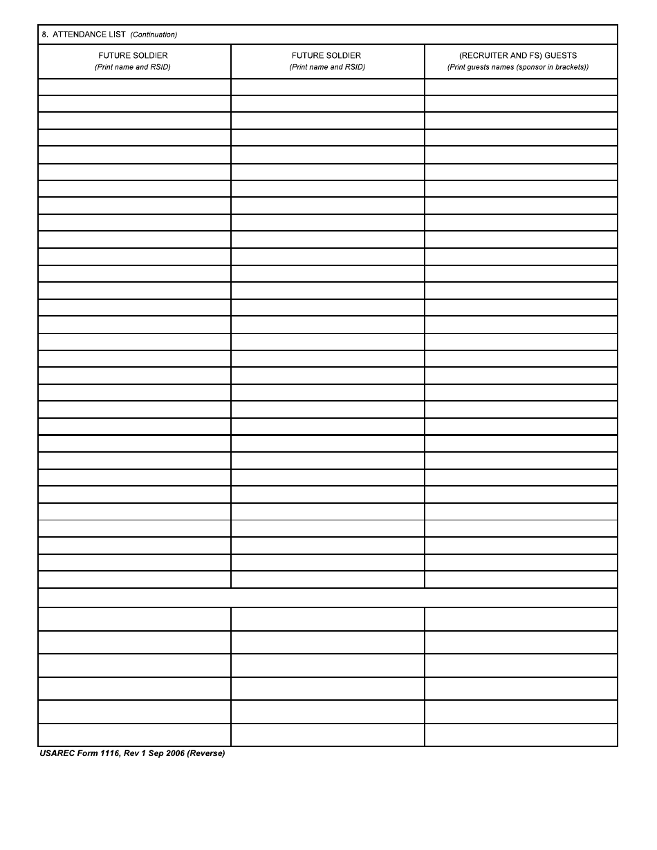 USAREC Form 1116 Future Soldier Training Function Attendance List, Page 2