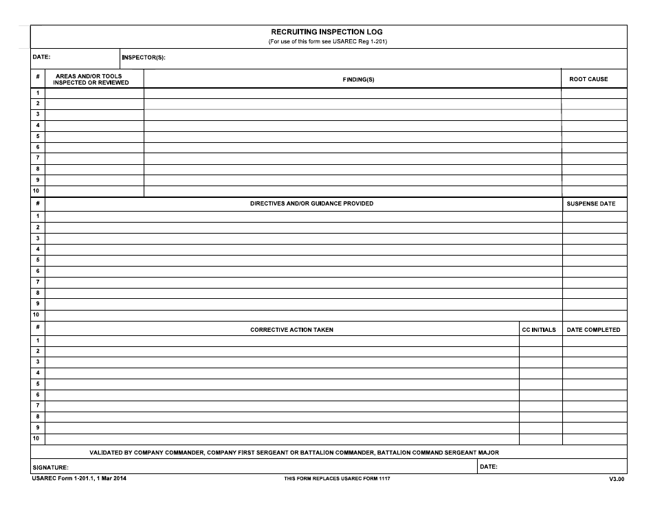 USAREC Form 1-201.1 Recruiting Inspection Log, Page 1