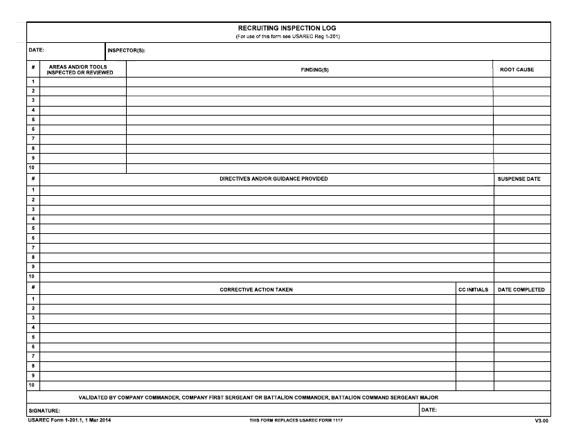 USAREC Form 1-201.1 Recruiting Inspection Log