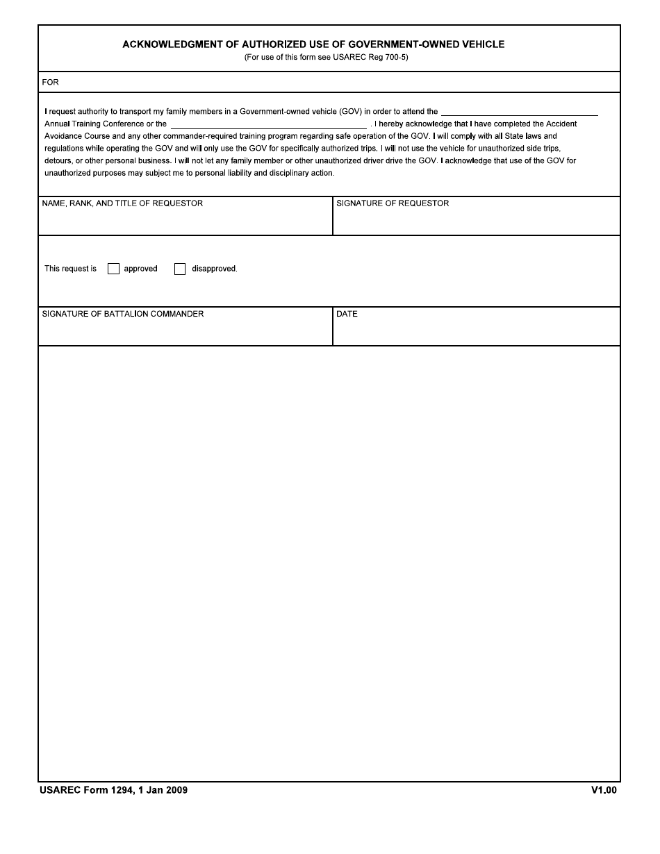 USAREC Form 1294 Acknowledgment of Authorized Use of Government-Owned Vehicle, Page 1
