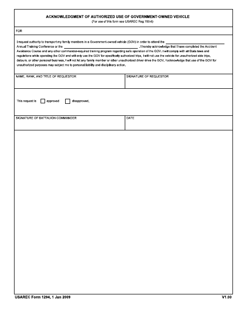 USAREC Form 1294 Acknowledgment of Authorized Use of Government-Owned Vehicle