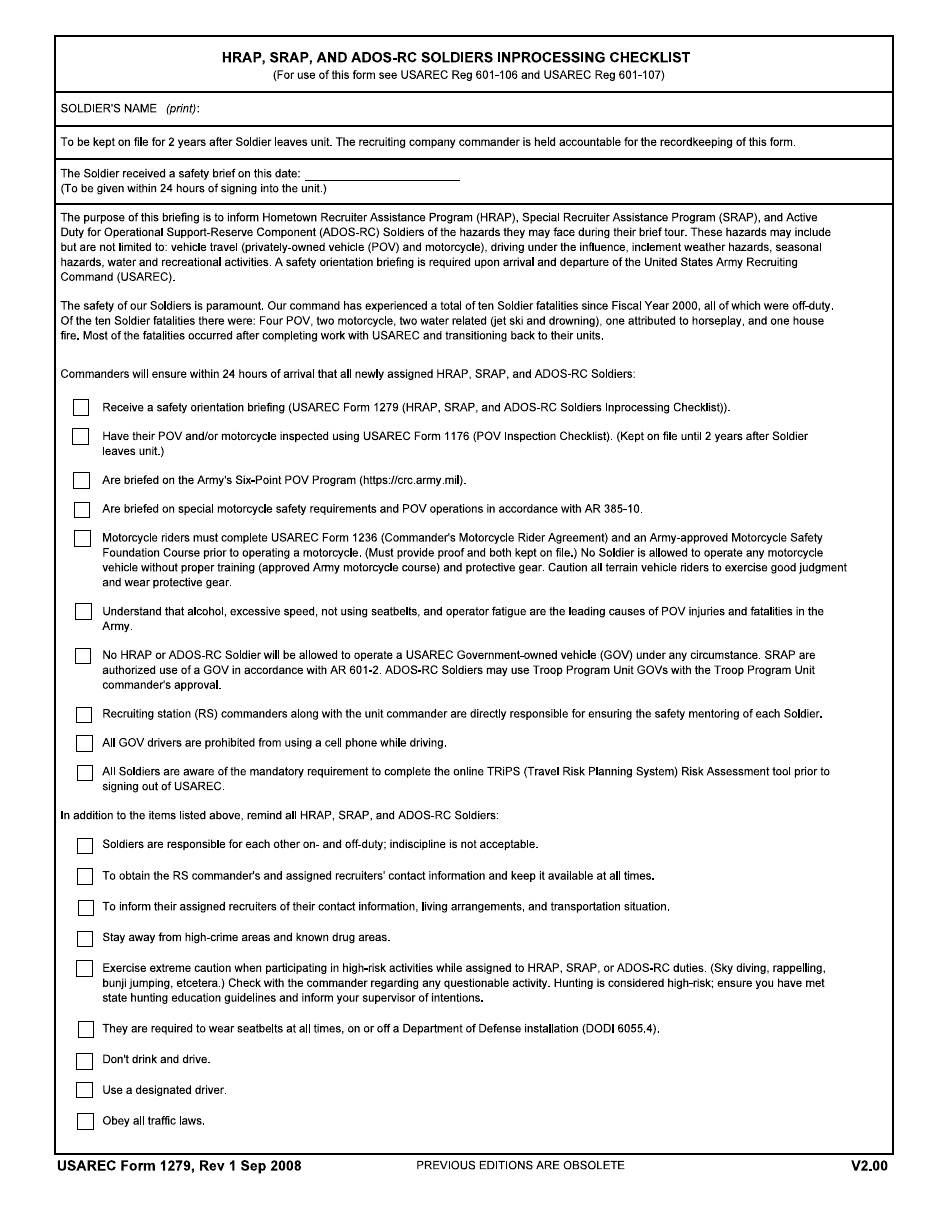 USAREC Form 1279 Hrap, Srap, and Ados-RC Soldiers Inprocessing Checklist, Page 1