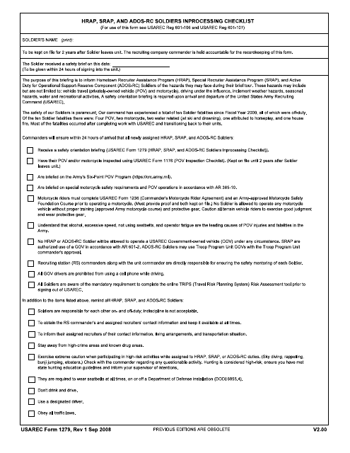 USAREC Form 1279 Hrap, Srap, and Ados-RC Soldiers Inprocessing Checklist
