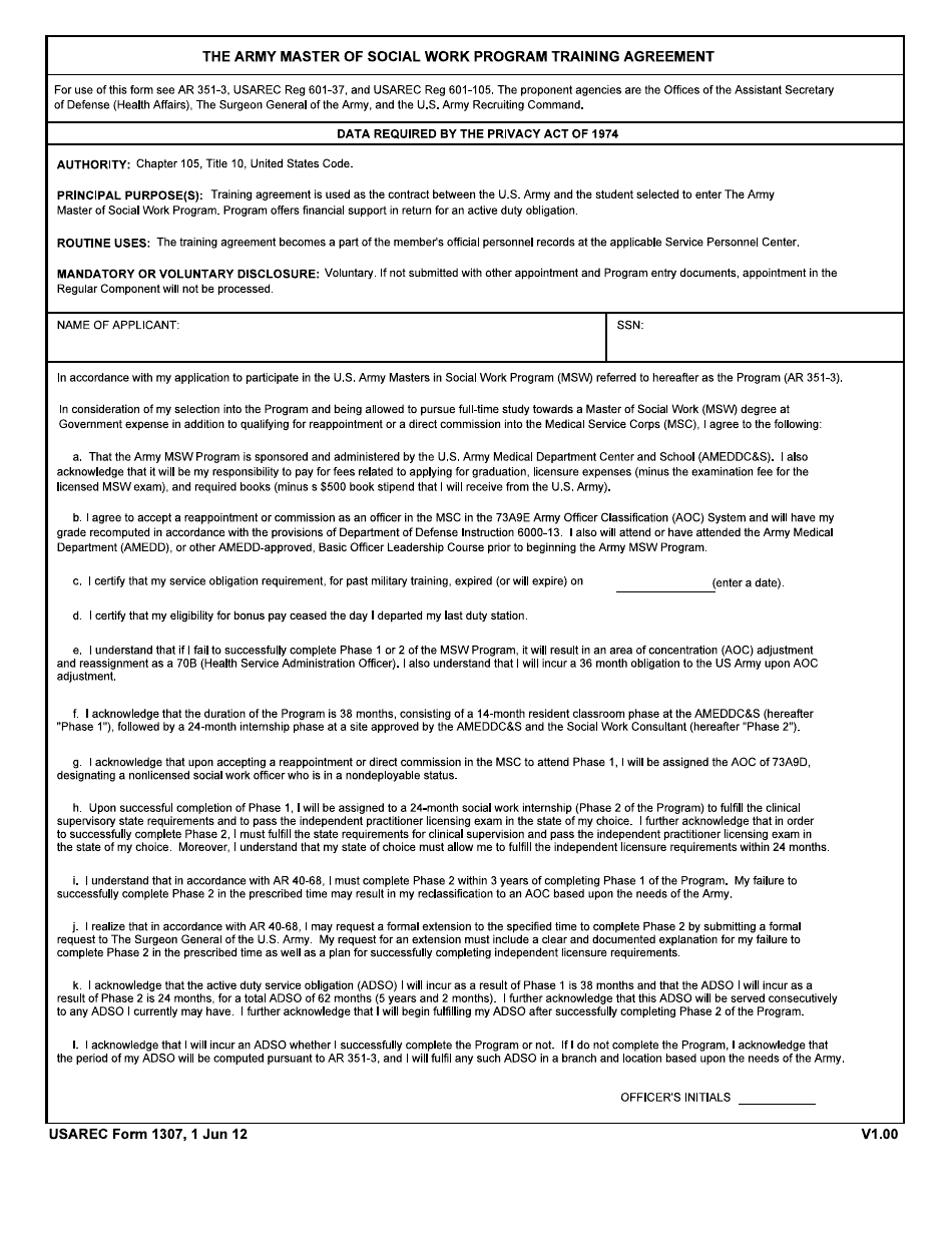 USAREC Form 1307 The Army Master of Social Work Program Training Agreement, Page 1