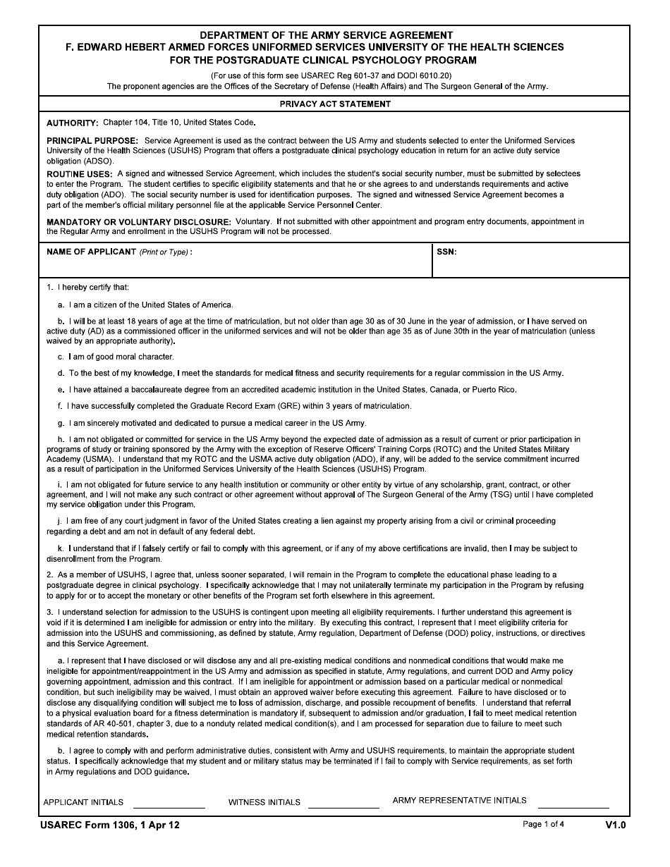 USAREC Form 1306 Department of the Army Service Agreement F. Edward Hebert Armed Forces Uniformed Services University of Health Sciences for the Postgraduate Clinical Psychology Program, Page 1