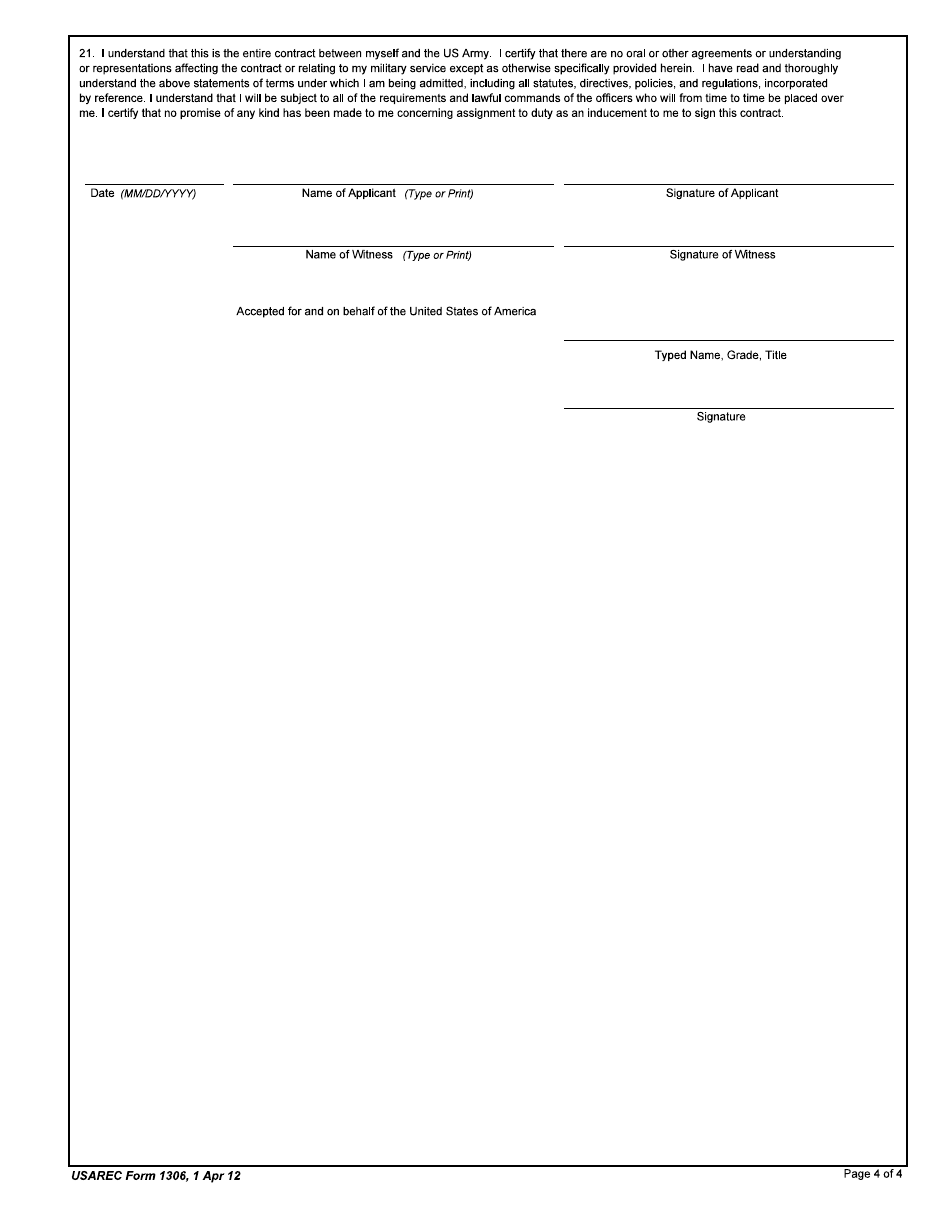 USAREC Form 1306 Department of the Army Service Agreement F. Edward Hebert Armed Forces Uniformed Services University of Health Sciences for the Postgraduate Clinical Psychology Program, Page 4