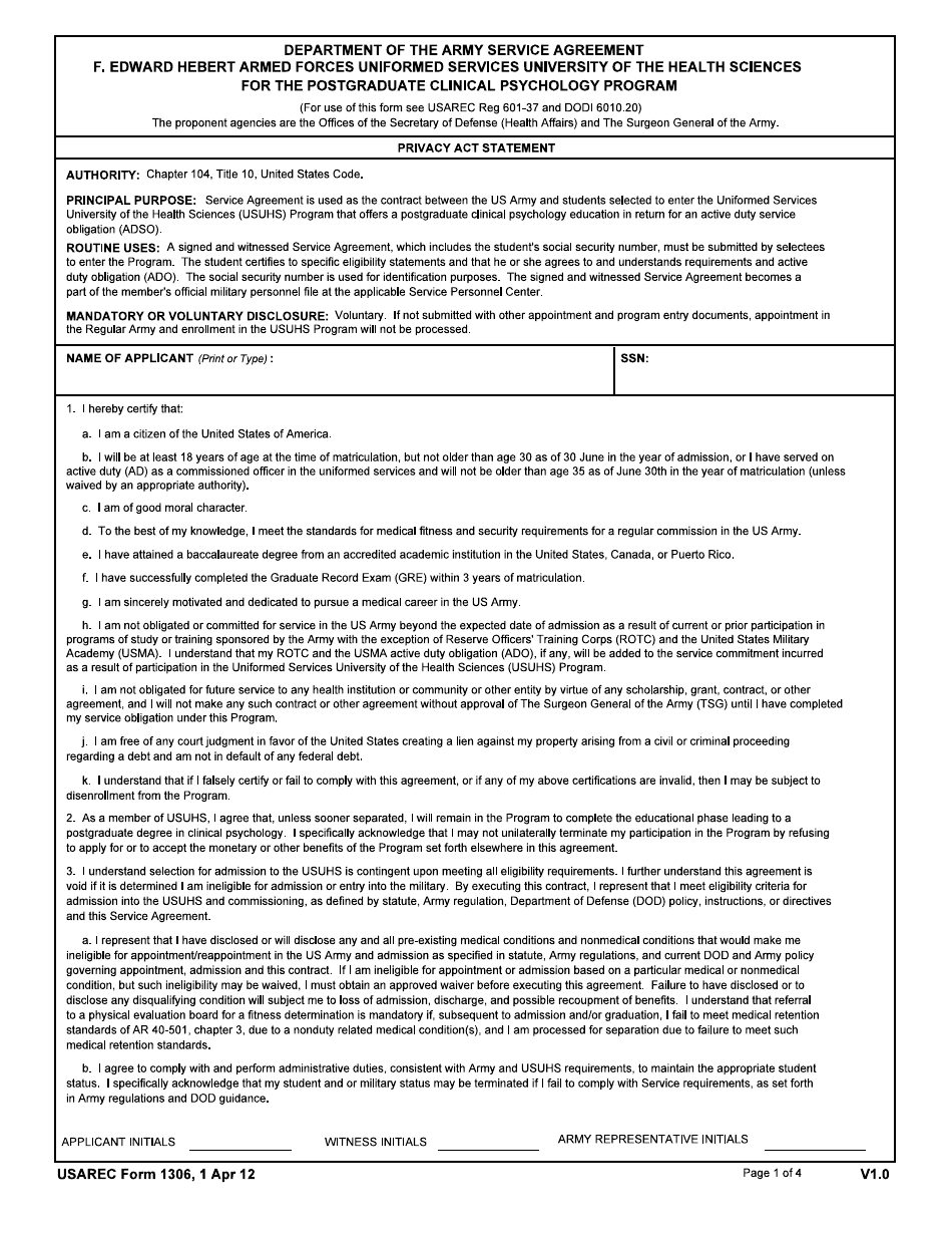 USAREC Form 1306 - Fill Out, Sign Online and Download Fillable PDF ...