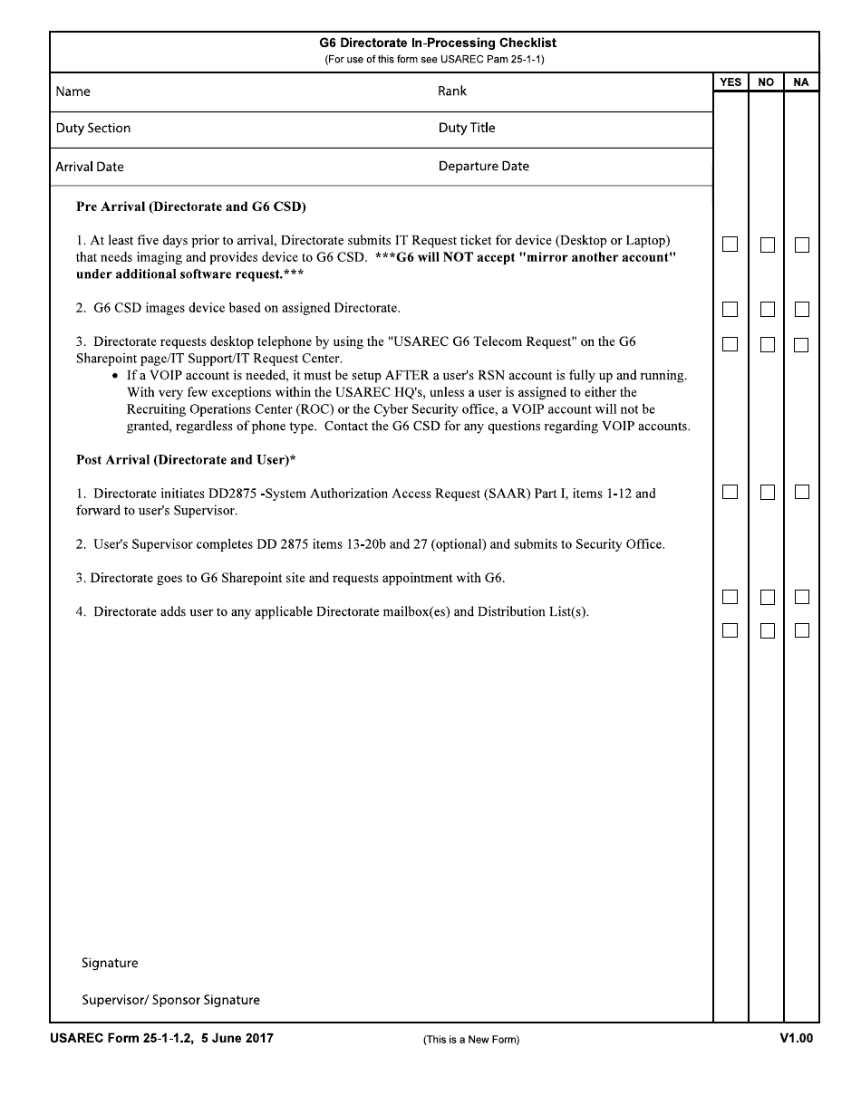 USAREC Form 25-1-1.2 G-6 Directorate in-Processing Checklist, Page 1