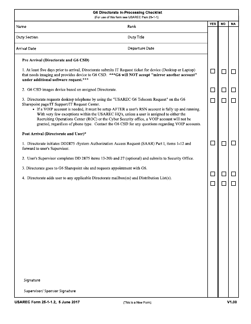 USAREC Form 25-1-1.2 G-6 Directorate in-Processing Checklist
