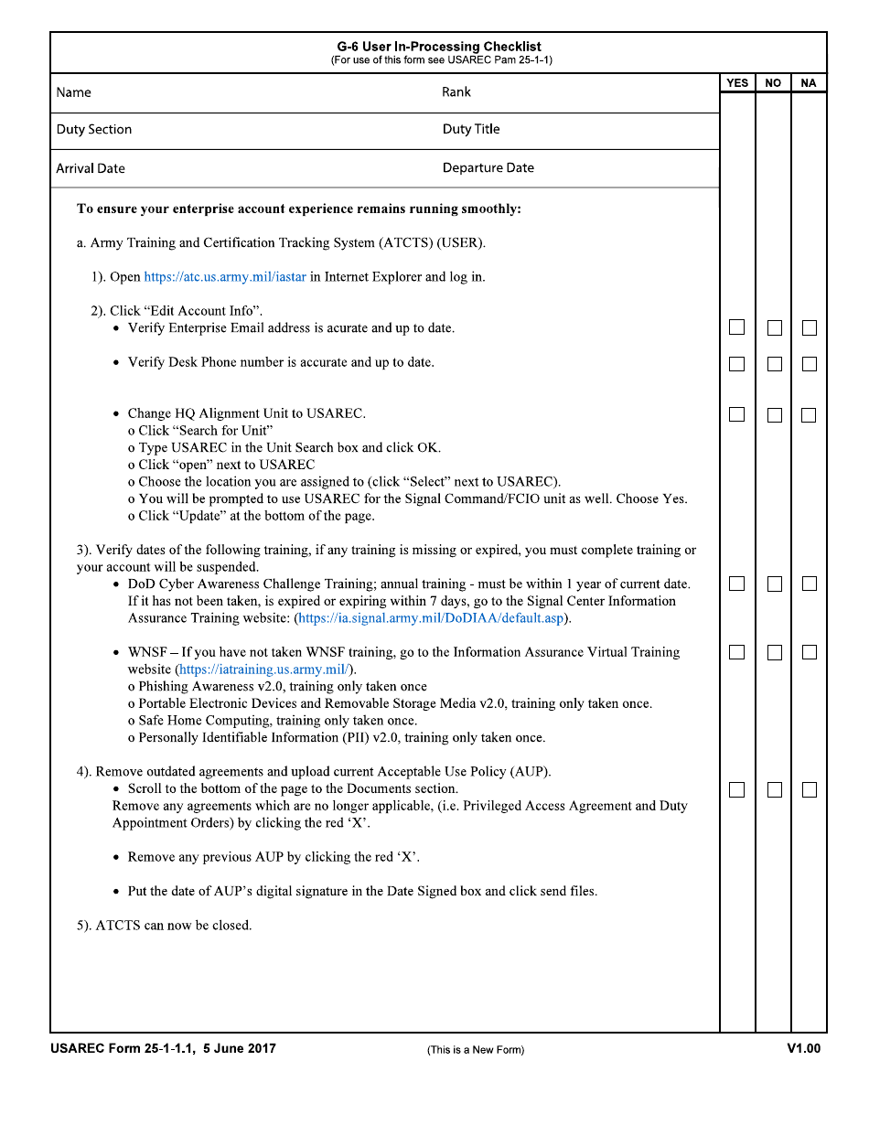 USAREC Form 25-1-1.1 G-6 User in-Processing Checklist, Page 1